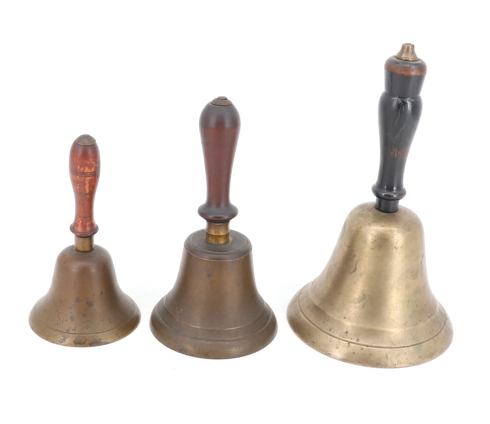 LOT OF BRASS SCHOOL BELLS: WOODEN HANDLES. LARGEST 8 1/2" X 5". PLEASE READ CAREFULLY - Terms for Purchasing and Shipping of Auction Items. Please read carefully before bidding. Hartzell’s Auction Gallery. Hartzell's Auct