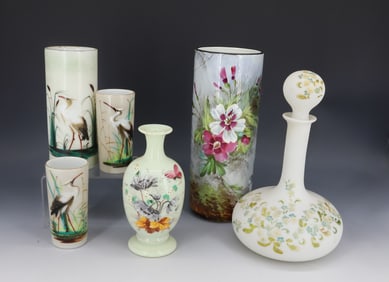 LOT OF DECORATED MILK GLASS AND PORCELAIN