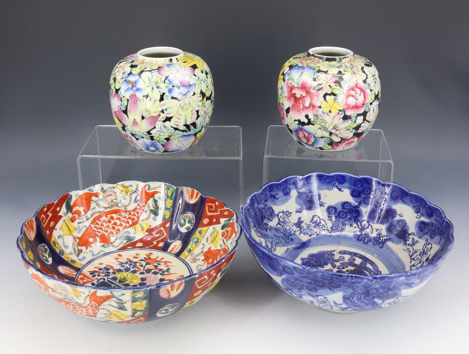 LOT OF JAPANESE AND CHINESE PORCELAIN: IMARI SCALLOPED BOWL WITH CENTER BOUQUET IN POT. 3 1/4" X 8 1/2". WITH, BLUE/WHITE ARITA WARE BOWL 3 1/2" X 8 1/2". PLUS, TWO MATCHING MILLE FLEUR VASES STAMPED "CHINA" IN RED ON BOTTOMS. PLEASE READ