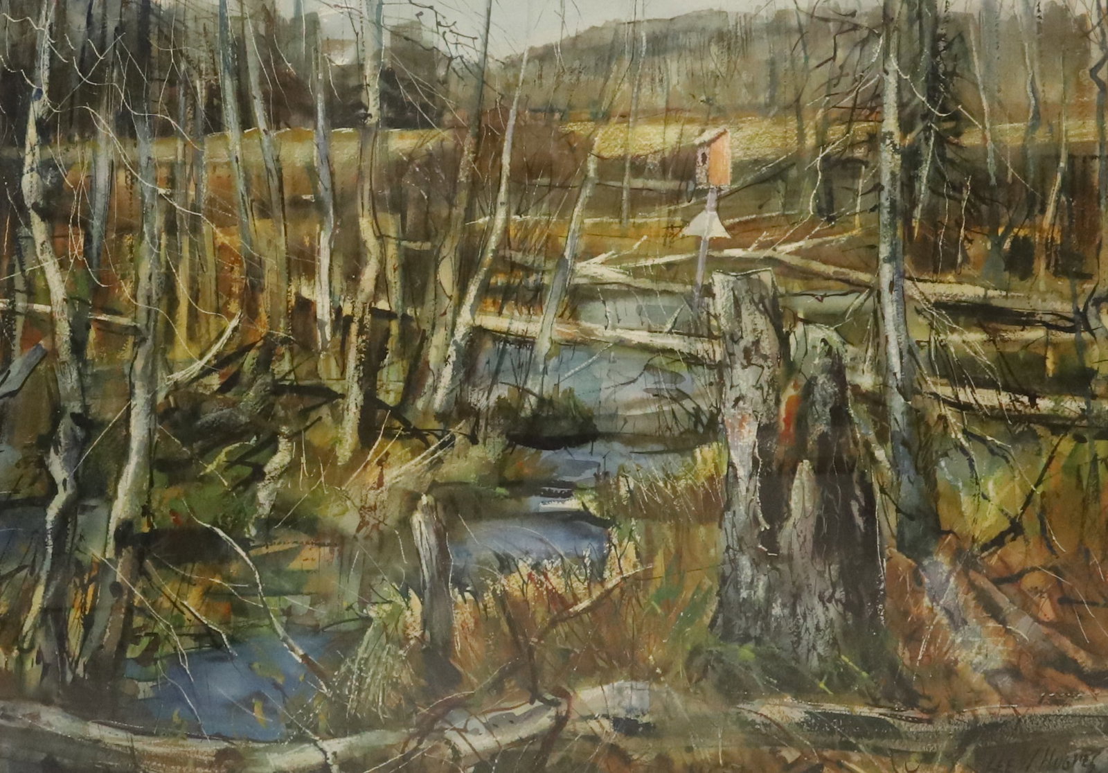 LEE W. HUGHES (MORRIS COUNTY NJ) WATERCOLOR: BIRDHOUSE IN MARSH LAND. SGND. BOTTOM RIGHT. MATTED AND FRAMED UNDER GLASS. TOTAL SIZE 29 1/2" X 36 1/4". PLEASE READ CAREFULLY - Terms for Purchasing and Shipping of Auction Items. Please read carefu