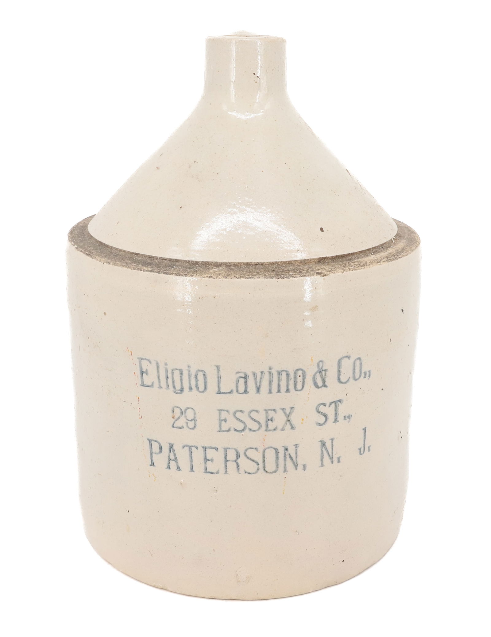 ELIGIO LAVINO STONEWARE ADVERTISING JUG: STENCILED JUG, PATERSON, NJ. 14" H. PLEASE READ CAREFULLY - Terms for Purchasing and Shipping of Auction Items. Please read carefully before bidding. Hartzell’s Auction Gallery. Hartzell's Aucti
