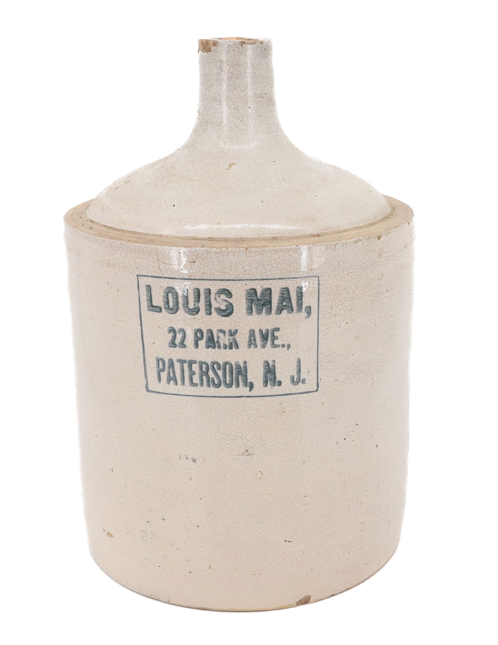 LOUIS MAI STONEWARE ADVERTISING JUG: STENCILED PATERSON, NJ JUG. 14" H. PLEASE READ CAREFULLY - Terms for Purchasing and Shipping of Auction Items. Please read carefully before bidding. Hartzell’s Auction Gallery. Hartzell's Auctio