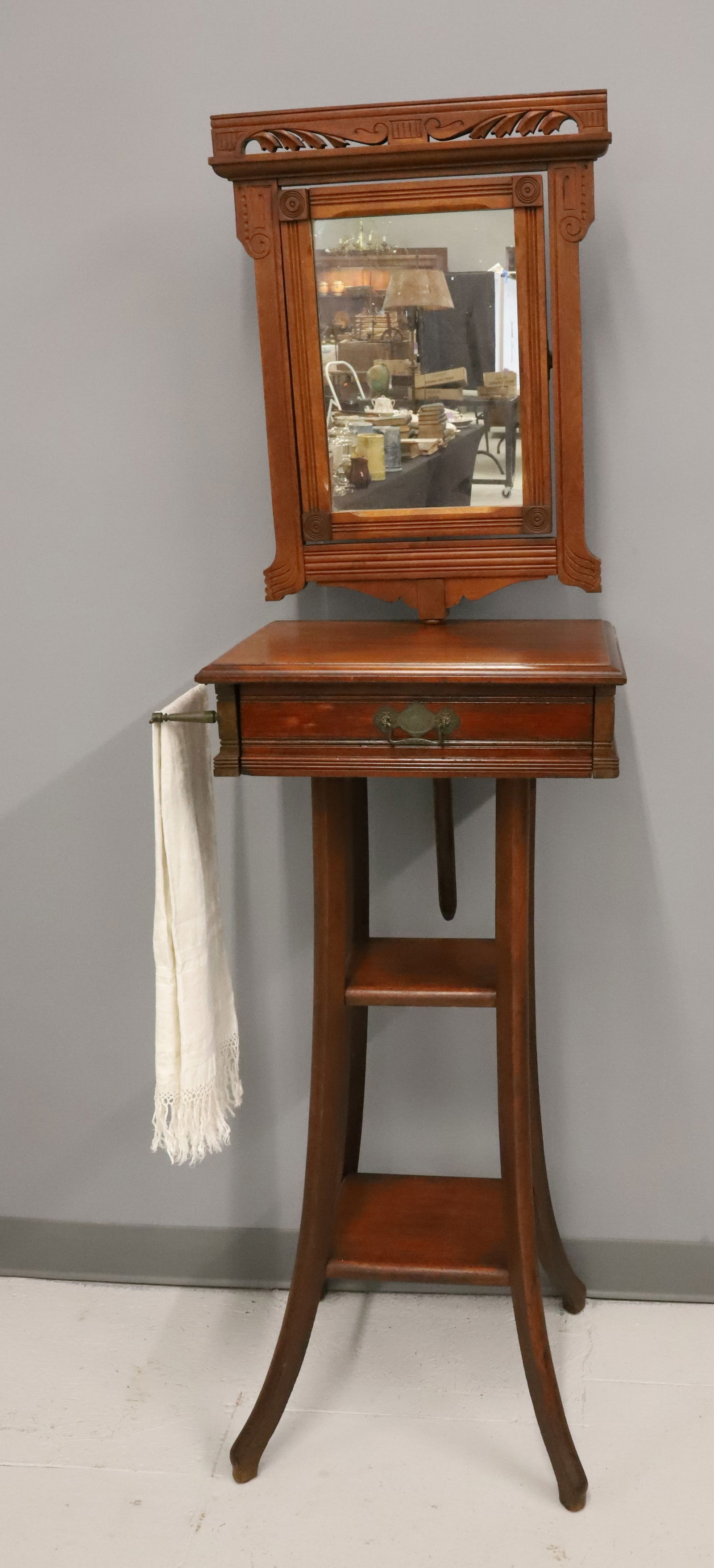 VICTORIAN SHAVING MIRROR / STAND: ADJUSTABLE HEIGHT / ANGLE MIRROR OVER SINGLE DRAWER. BRASS TOWEL RACK ON SIDE. TWO SMALL LOWER SHELVES. 66" X 18" X 14 1/2". PLEASE READ CAREFULLY - Terms for Purchasing and Shipping of Auction Items.