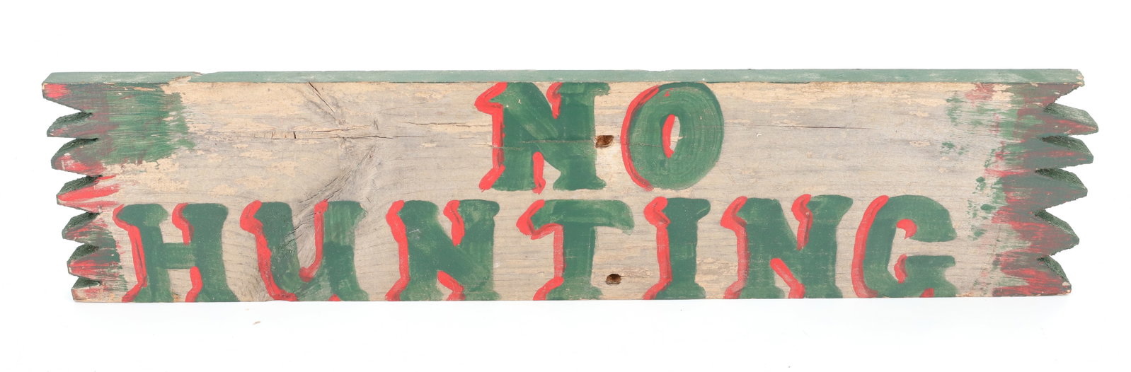 NO HUNTING WOODEN SIGN: GREEN / RED PAINTED LETTERING. 20" L. PLEASE READ CAREFULLY - Terms for Purchasing and Shipping of Auction Items. Please read carefully before bidding. Hartzell’s Auction Gallery. Hartzell's Auc