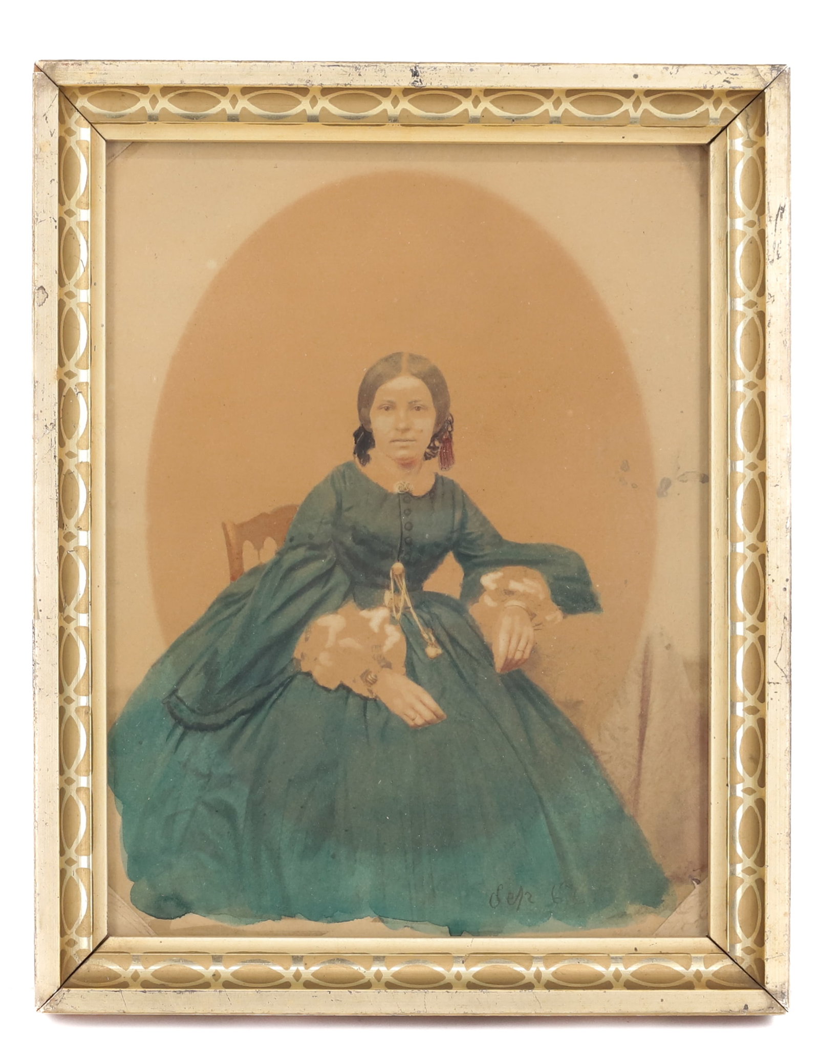 19TH C. WATERCOLOR PORTRAIT OF A WOMAN: GIRL IN GREEN/BLUE DRESS SEATED IN CHAIR. SGND. BOTTOM RIGHT. 9 1/2" X 7 3/4". FRAMED UNDER GLASS. PLEASE READ CAREFULLY - Terms for Purchasing and Shipping of Auction Items. Please read carefully bef