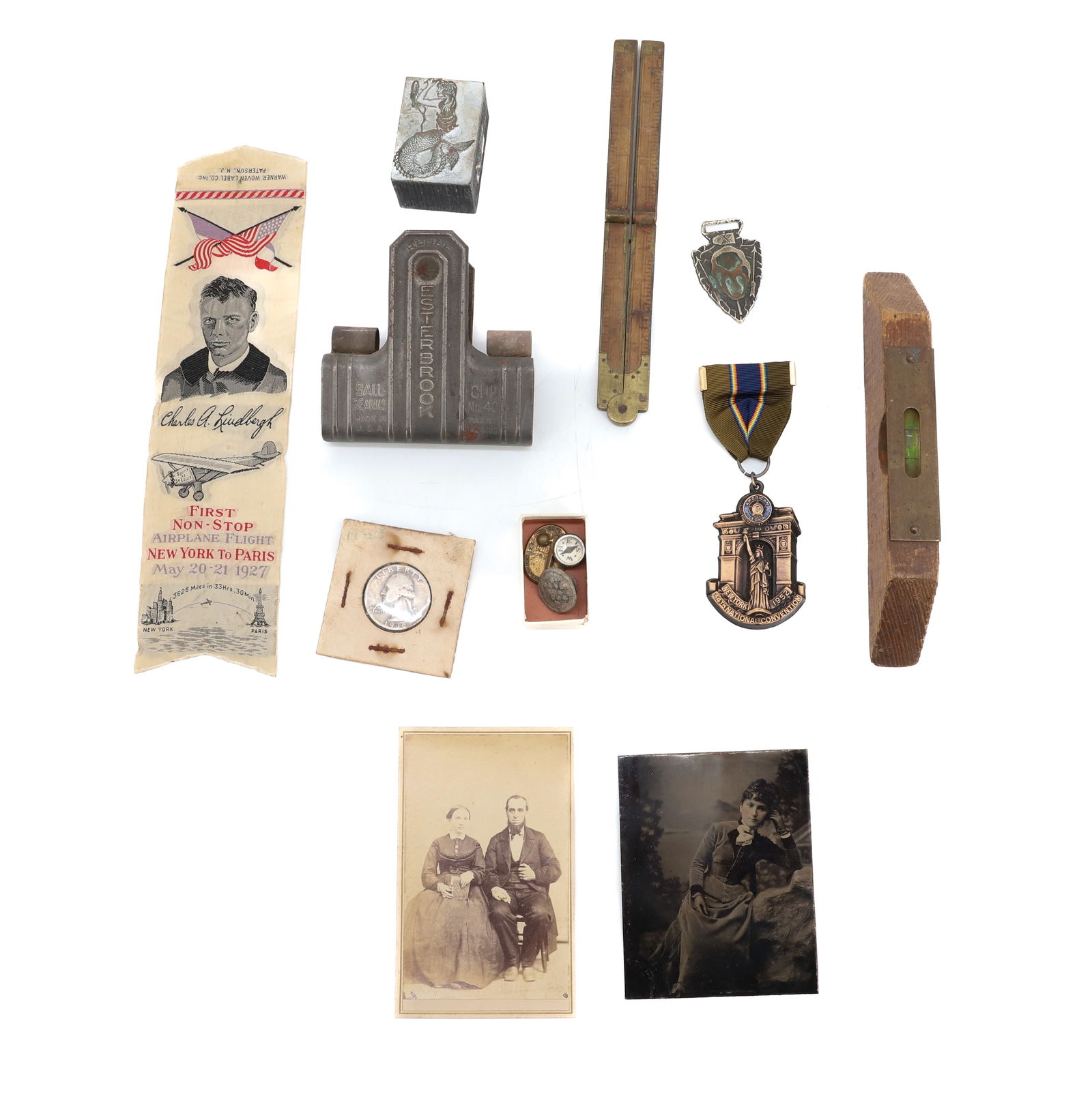 LOT OF VINTAGE SMALLS: TINTYPE, CDV, WOODEN LEVEL, CHARLES LINDBERGH 1927 RIBBON, BRASS/BOXWOOD MEASURE, 1936 QUARTER AND MORE. PLEASE READ CAREFULLY - Terms for Purchasing and Shipping of Auction Items. Please read careful