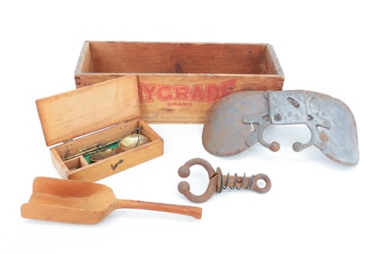 ADVERTISING BOX, BRASS TRAVEL SCALE AND MORE