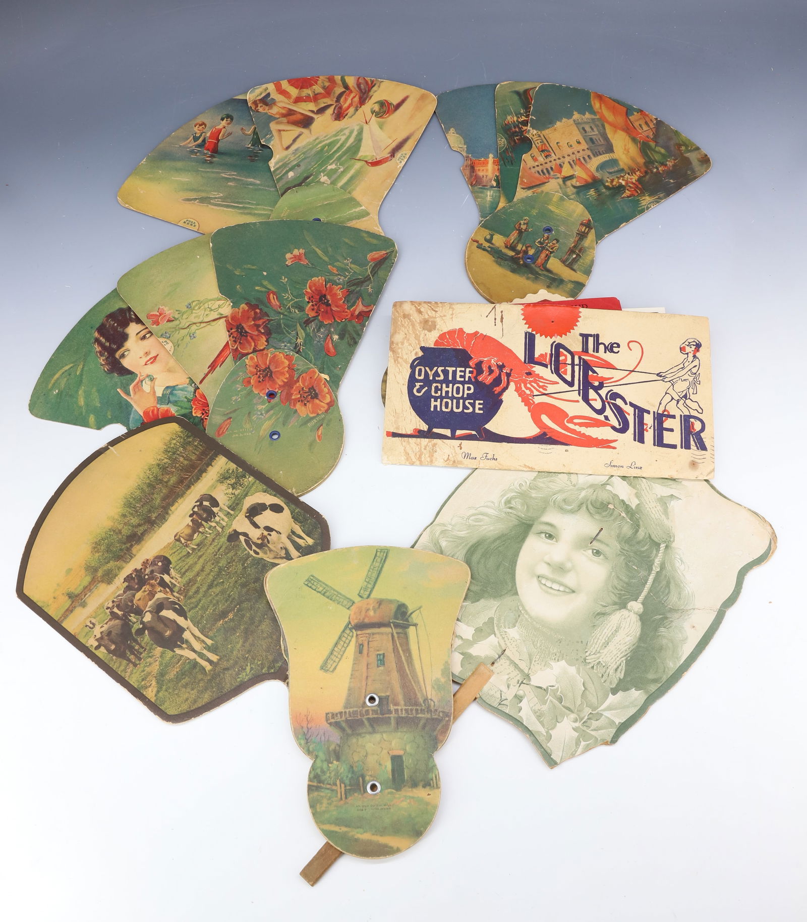 LOT OF ADVERTISING FANS: PRINTED CARDBOARD FANS INCLUDING: TYNAN BROS (HACKETTSTOWN NJ), C.H. TIMBRELL (HACKETTSTOWN NJ), BLOOMSBURG, PA AND MORE. WITH, ADVERTISING COASTER AND PAPER GOODS. PLEASE READ CAREFULLY - Terms for P