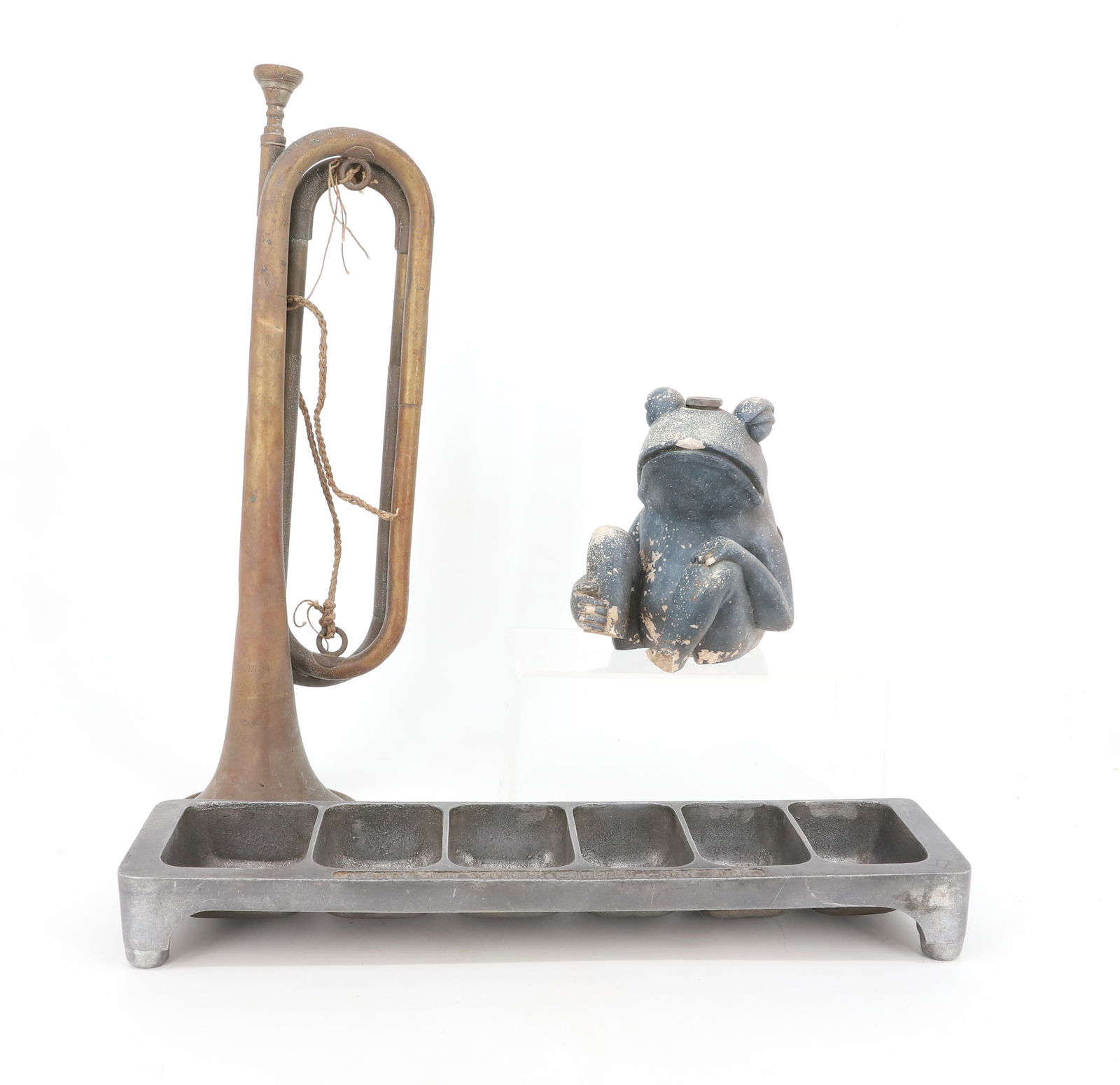 VINTAGE COIN COUNTER, BUGLE AND LAWN SPRINKLER: CAST ALUMINUM "ABBOTT COIN COUNTER, NY" 15 1/4" L., BRASS BUGLE MRKD. US REGULATION 16 1/2" L. WITH PAINTED FROG LAWN SPRINKLER (LOSSES AT FEET) PLEASE READ CAREFULLY - Terms for Purchasing and Shippi