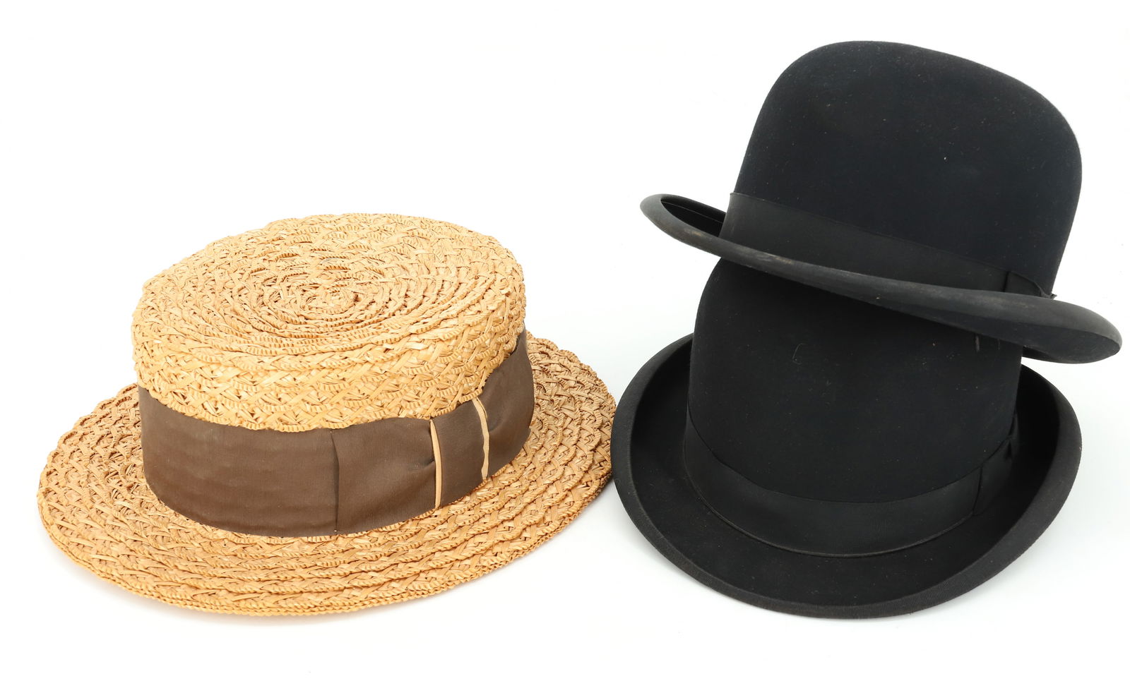 (3) VINTAGE MEN'S HATS: INCLUDING: STRAW HAT WITH BAND 7 1/8 SIZE, TWO BOWLER HATS (ONE JOHN B. STETSON CO., THE OTHER WARD & HUGHES 7 1/4 SIZE. PLEASE READ CAREFULLY - Terms for Purchasing and Shipping of Auction Items. Ple
