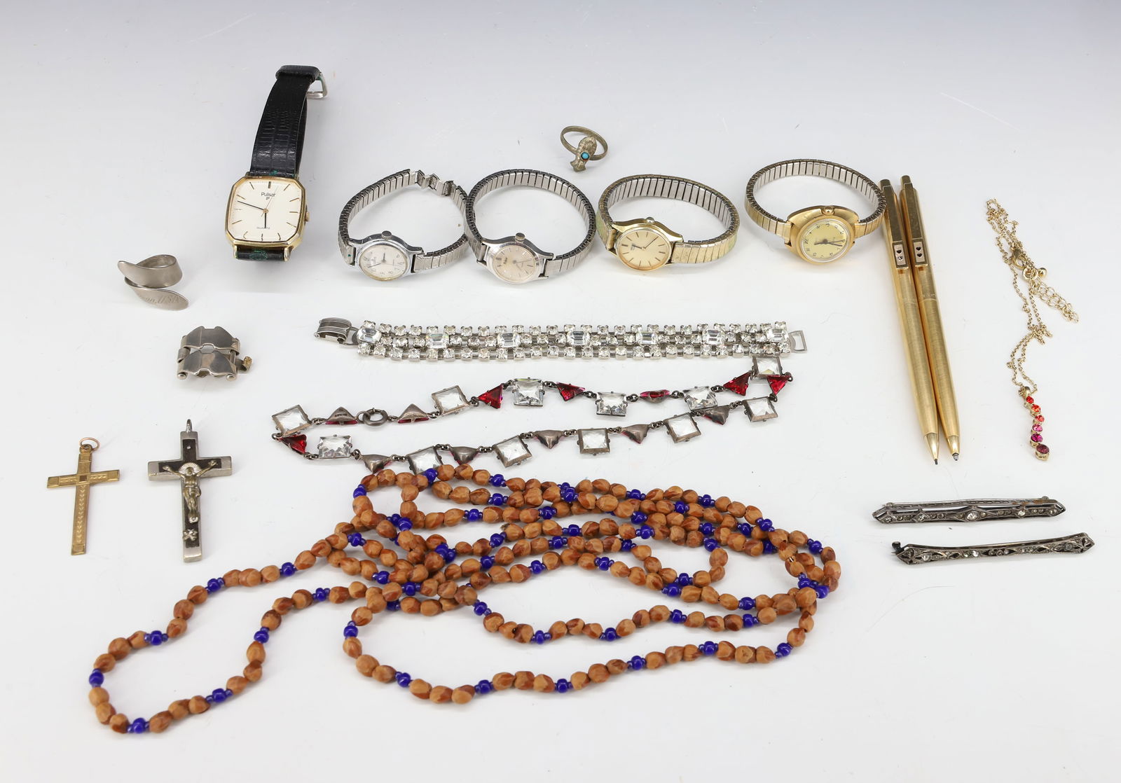 LOT OF VINTAGE WATCHES AND JEWELRY: WATCHES INCLUDE: SEIKO, TIMEX, LORUS, PULSAR (NO WATCHES ARE RUNNING), SEED NECKLACE, BRACELETS, CROSSES AND PEN/PENCIL SET PAPER MATE USA. PLEASE READ CAREFULLY - Terms for Purchasing and Shipping of