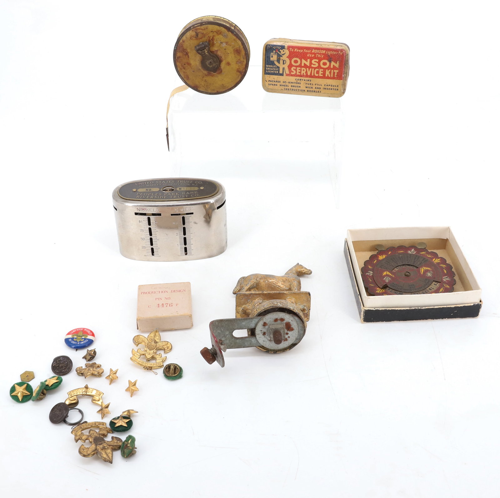 LOT OF VINTAGE ITEMS, BOY SCOUTS: BOYS SCOUT PINS / BUTTONS, "UNITED STATES TRUST CO., PATERSON NJ" CHROME BANK 3 3/4" L., TAPE MEASURE, DESK CALENDAR AND MORE. PLEASE READ CAREFULLY - Terms for Purchasing and Shipping of Auction Item