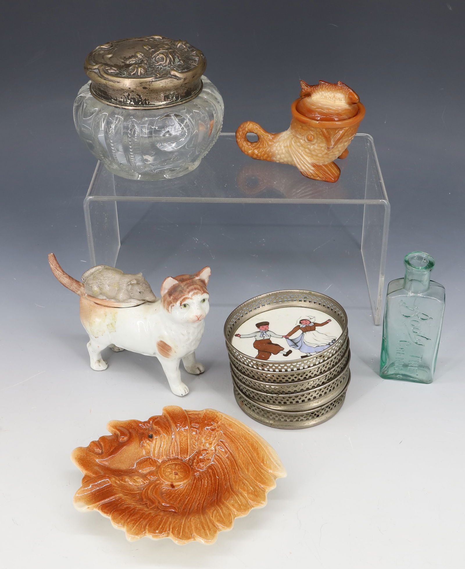 LOT OF VINTAGE GLASS / PORCELAIN: (5) GERMAN ENAMEL COASTERS 3" D., PORCELAIN CAT W/ MOUSE ON BACK AND SMALL LADLE (CHIP TO MOUSE EAR), "BOOTS, THE CHEMISTS" BOTTLE 3 3/4", INDIAN PIN TRAY (JAPAN) AND MORE. PLEASE READ CAREFULLY - Ter