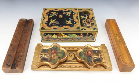 WOODEN PENCIL BOXES, TIN DESK SET