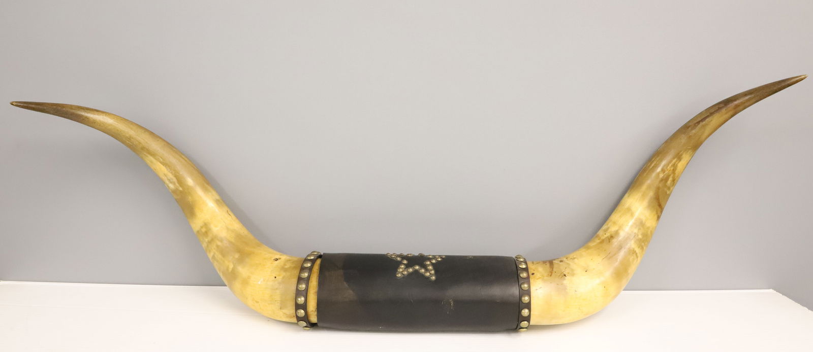 PAIR OF BULL HORNS: LEATHER CENTER WITH BRASS TACKING AND "STAR" 42" L. PLEASE READ CAREFULLY - Terms for Purchasing and Shipping of Auction Items. Please read carefully before bidding. Hartzell’s Auction Gallery.