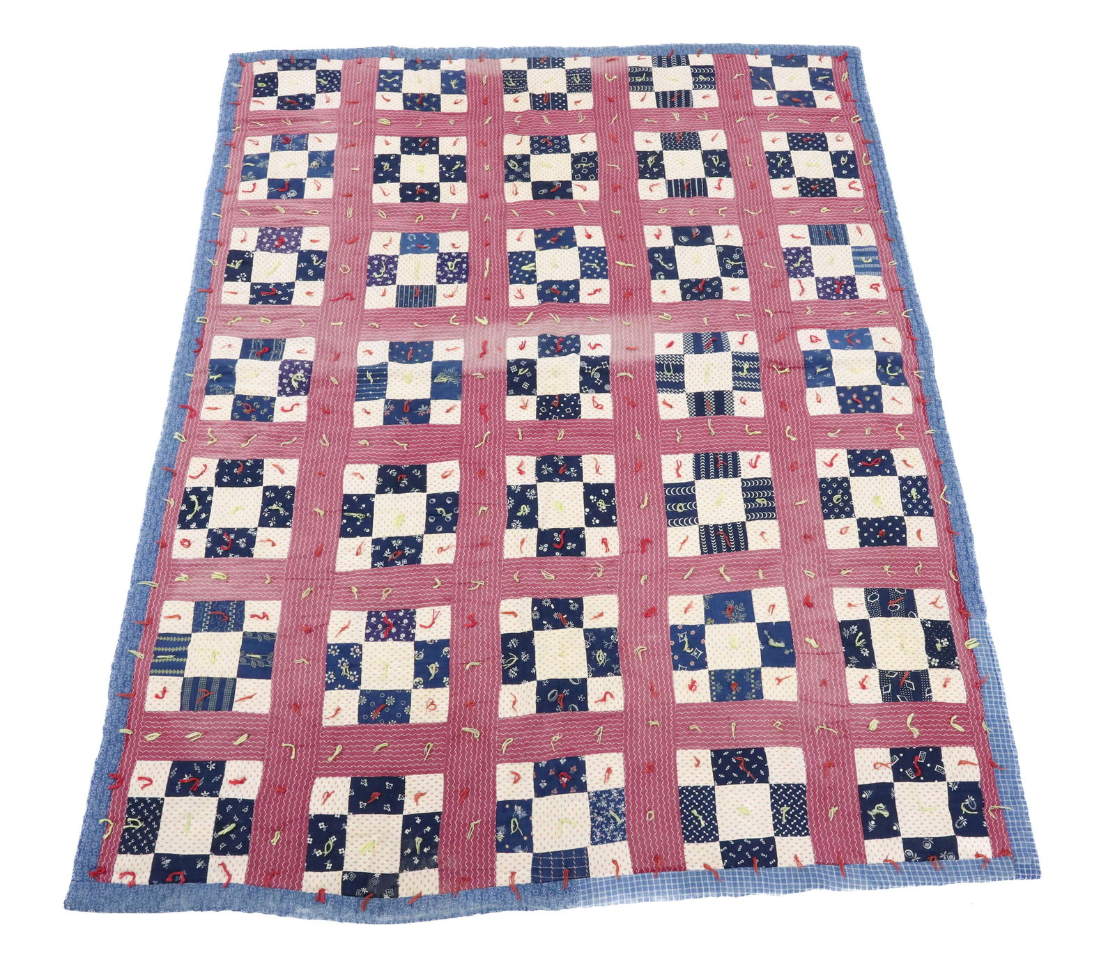 VINTAGE HAND STITCHED QUILT: VARIOUS FABRICS AND COLORS. HAND KNOTTED. 53" X 41" PLEASE READ CAREFULLY - Terms for Purchasing and Shipping of Auction Items. Please read carefully before bidding. Hartzell’s Auction Gallery.