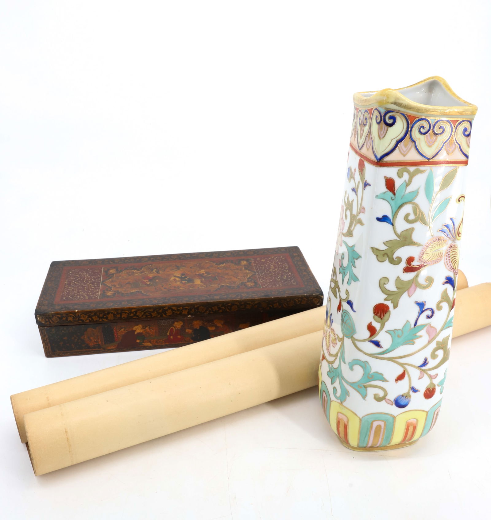 LACQUER BOX, NIPPON VASE AND SCROLL: DECORATED PERSIAN LIDDED LACQUER BOX PROFUSELY DECORATED ON ALL SIDES (EXCEPT FOR BOTTOM) 13 1/4" L., HAND PAINTED NIPPON VASE 13" H. (GREEN MARK) AND CHINESE ANCESTRAL PORTRAIT, SCROLL, 84" X 22". PL