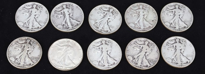 $5.00 FACE VALUE OF WALKING LIBERTY HALF DOLLARS