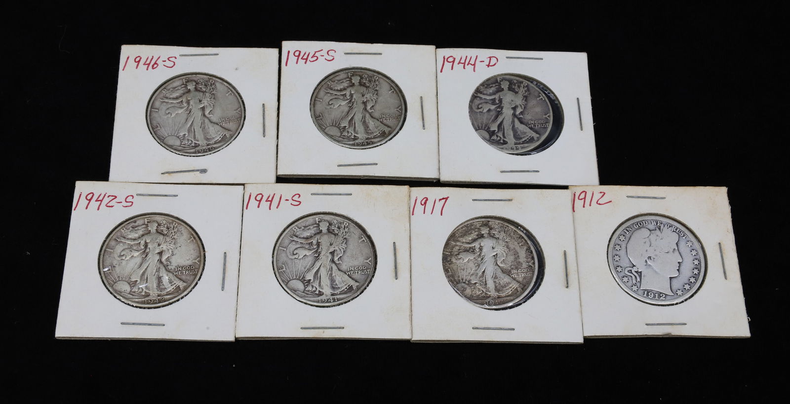 $4.50 FACE VALUE OF SILVER HALF DOLLARS: INCLUDING - 1912 BARBER, 1917, 1941 S, 1942 S, 1944 D, 1945 S, AND 1946 S PLEASE READ CAREFULLY - SINCE THIS IS A COIN SALE PLEASE NOTE. ITEMS MUST BE PAID FOR THROUGH LIVE AUCTIONEERS OR WITH CASH OR