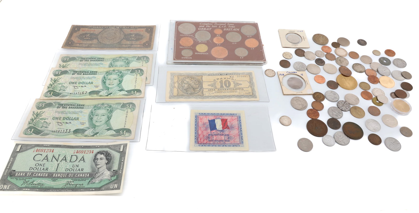 LOT OF FOREIGN COINS AND CURRENCY (1 of 6)