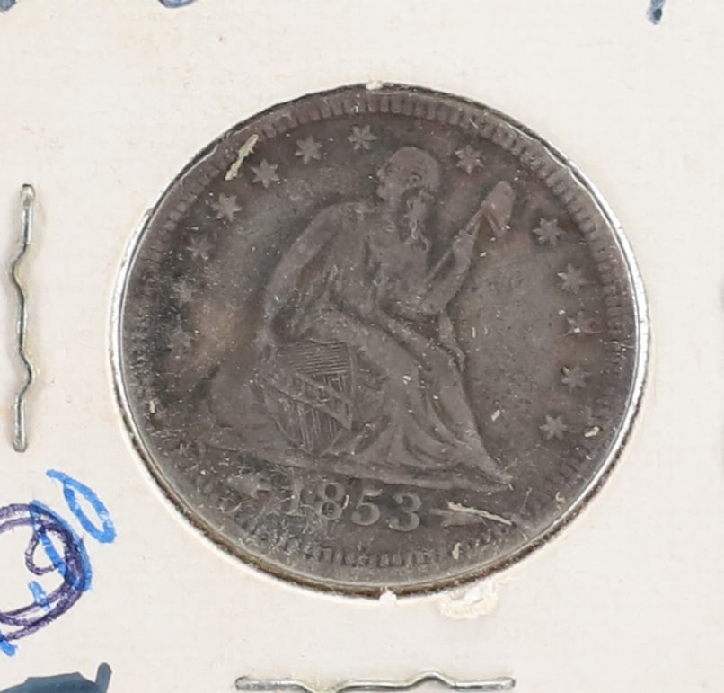 1853 SEATED LIBERTY QUARTER: WITH ARROWS PLEASE READ CAREFULLY - SINCE THIS IS A COIN SALE PLEASE NOTE. ITEMS MUST BE PAID FOR THROUGH LIVE AUCTIONEERS OR WITH CASH OR CHECK IN PERSON - Terms for Purchasing and Shipping of Auctio