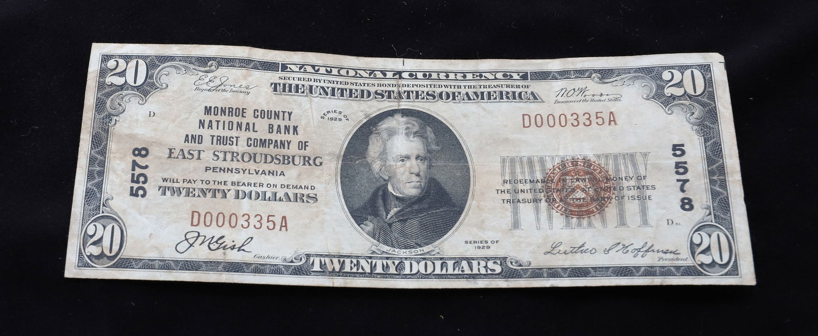 $20.00 EAST STROUDSBURG, PA BANK NOTE: MONROE COUNTY NATIONAL BANK AND TRUST COMPANY OF EAST STROUDSBURG PENNSYLVANIA, SERIES OF 1929, L. HOFFMAN PRESIDENT PLEASE READ CAREFULLY - SINCE THIS IS A COIN SALE PLEASE NOTE. ITEMS MUST BE PAID F