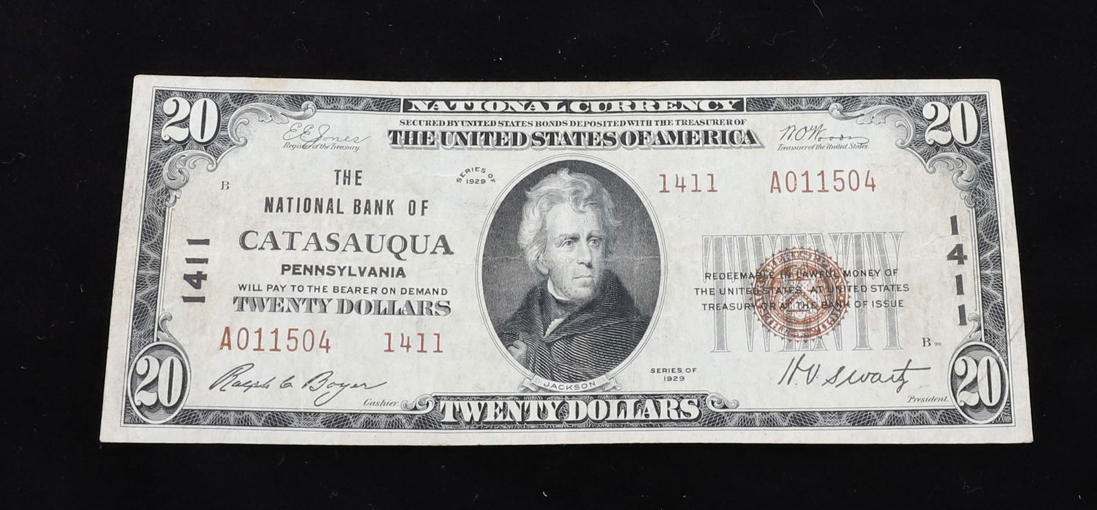 $20.00 THE NATIONAL BANK OF CATASAUQUA PENNSYLVANIA BANK NOTE (1 of 2)