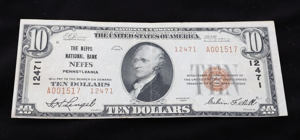 $10.00 THE NEFFS NATIONAL BANK OF NEFFS PENNSYLVANIA BANK NOTE