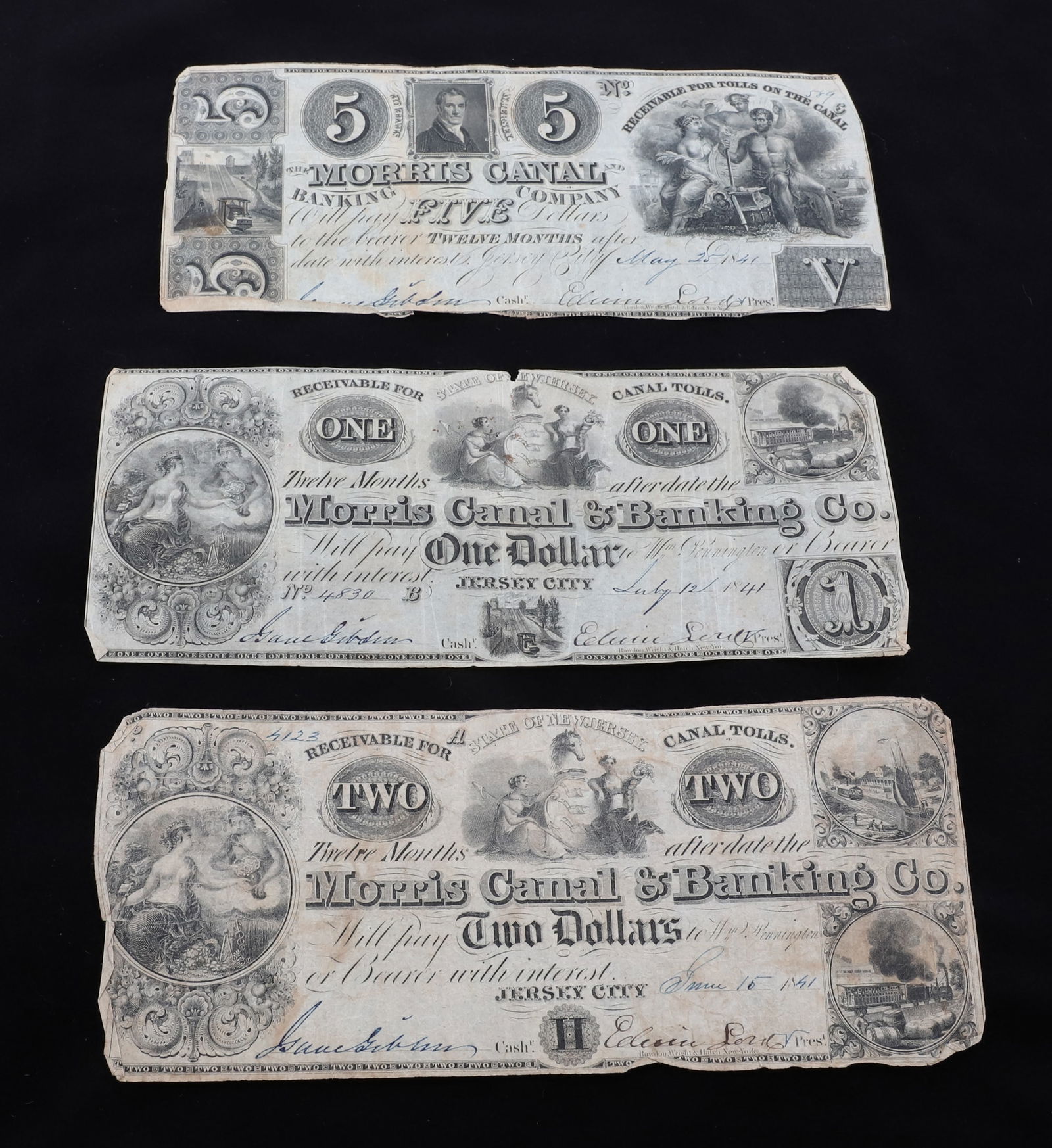 MORRIS CANAL BANK NOTES: $1.00 MORRIS CANAL & BANKING CO. - NO. 4830 - JULY 12TH, 1841 - $2.00 JANUARY 15TH, 1841 - $5.00 MAY 25TH, 1841 PLEASE READ CAREFULLY - SINCE THIS IS A COIN SALE PLEASE NOTE. ITEMS MUST BE PAID FOR TH