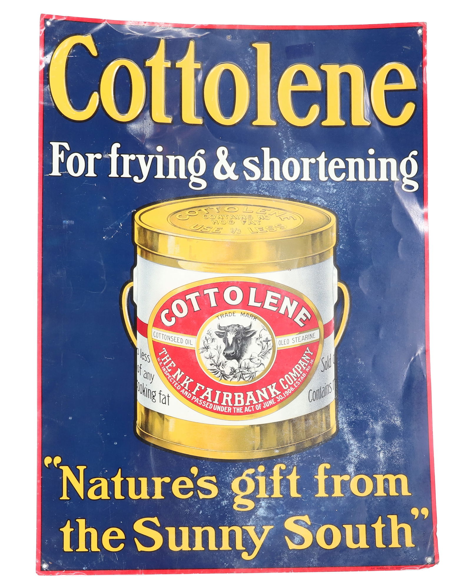 TIN COTTOLENE OIL ADVERTISING SIGN: PAINTED AND EMBOSSED METAL. "FOR FRYING & SHORTENING". 19 3/8" X 13 3/4". PLEASE READ CAREFULLY - Terms for Purchasing and Shipping of Auction Items. Please read carefully before bidding. HartzellR