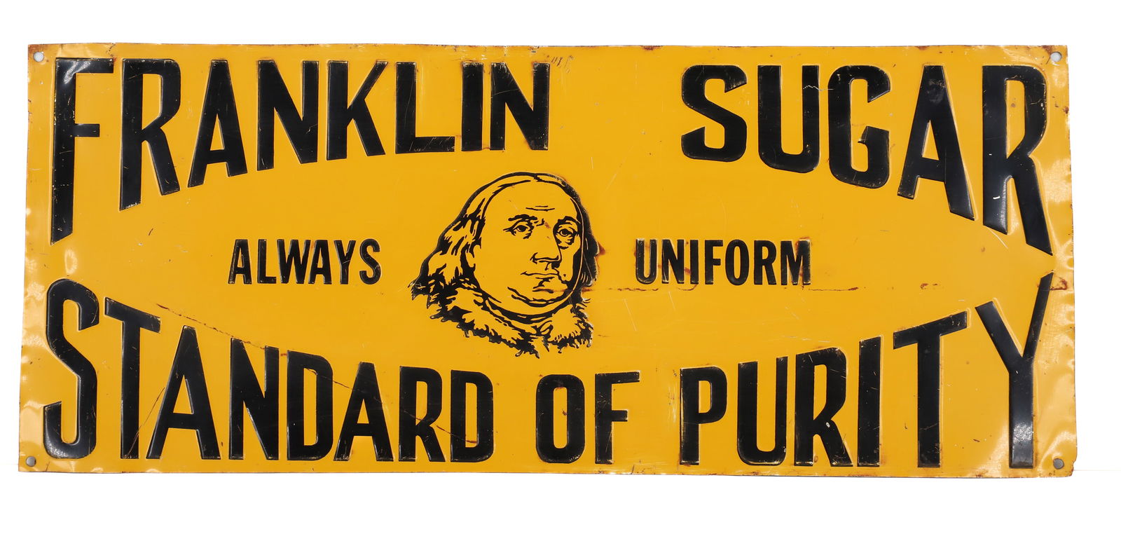 TIN FRANKLIN SUGAR ADVERTISING SIGN: PAINTED AND EMBOSSED METAL. "ALWAYS UNIFORM, STANDARD OF PURITY". 7 5/8" X 18 3/8". PLEASE READ CAREFULLY - Terms for Purchasing and Shipping of Auction Items. Please read carefully before bidding. Ha