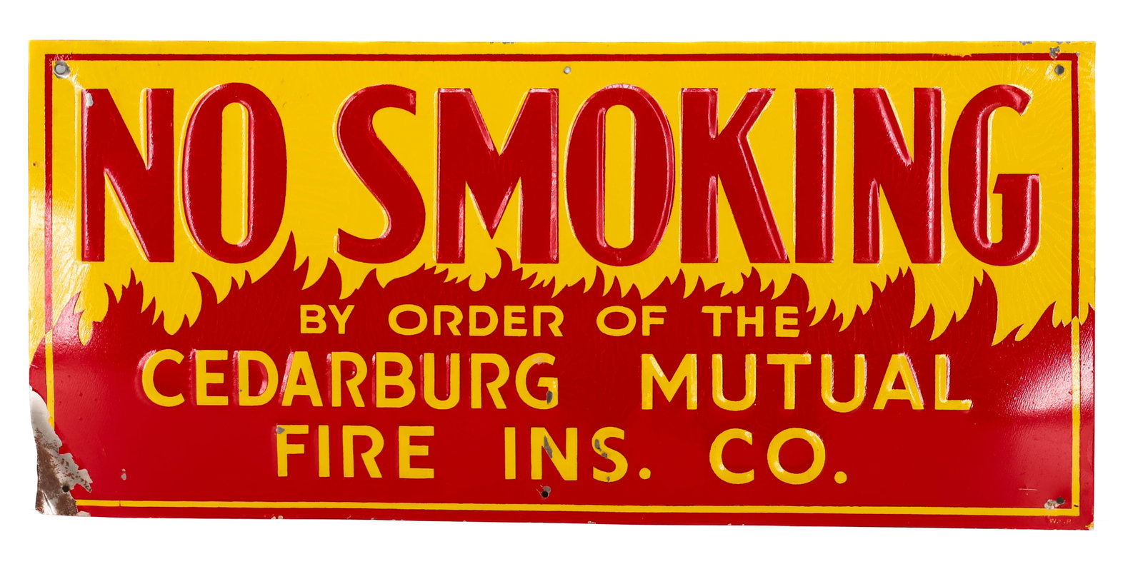 TIN "NO SMOKING" CEDARBURG SIGN: BY ORDER OF THE CEDARBURG MUTUAL FIRE INS. CO. PAINTED AND EMBOSSED. 9" X 19 3/4". PLEASE READ CAREFULLY - Terms for Purchasing and Shipping of Auction Items. Please read carefully before bidding. Har