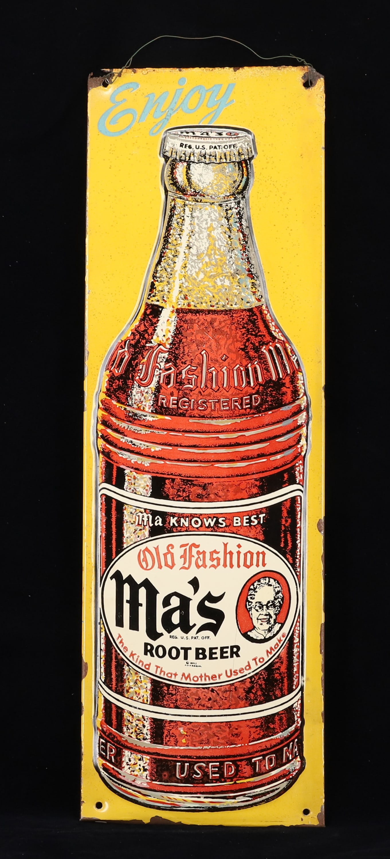 TIN "MA'S OLD FASHION ROOT BEER" ADVERTISING SIGN: PAINTED METAL. 17 5/8" X 5 1/2". MRKD. 1945. PLEASE READ CAREFULLY - Terms for Purchasing and Shipping of Auction Items. Please read carefully before bidding. Hartzell’s Auction Gallery. Hartzel