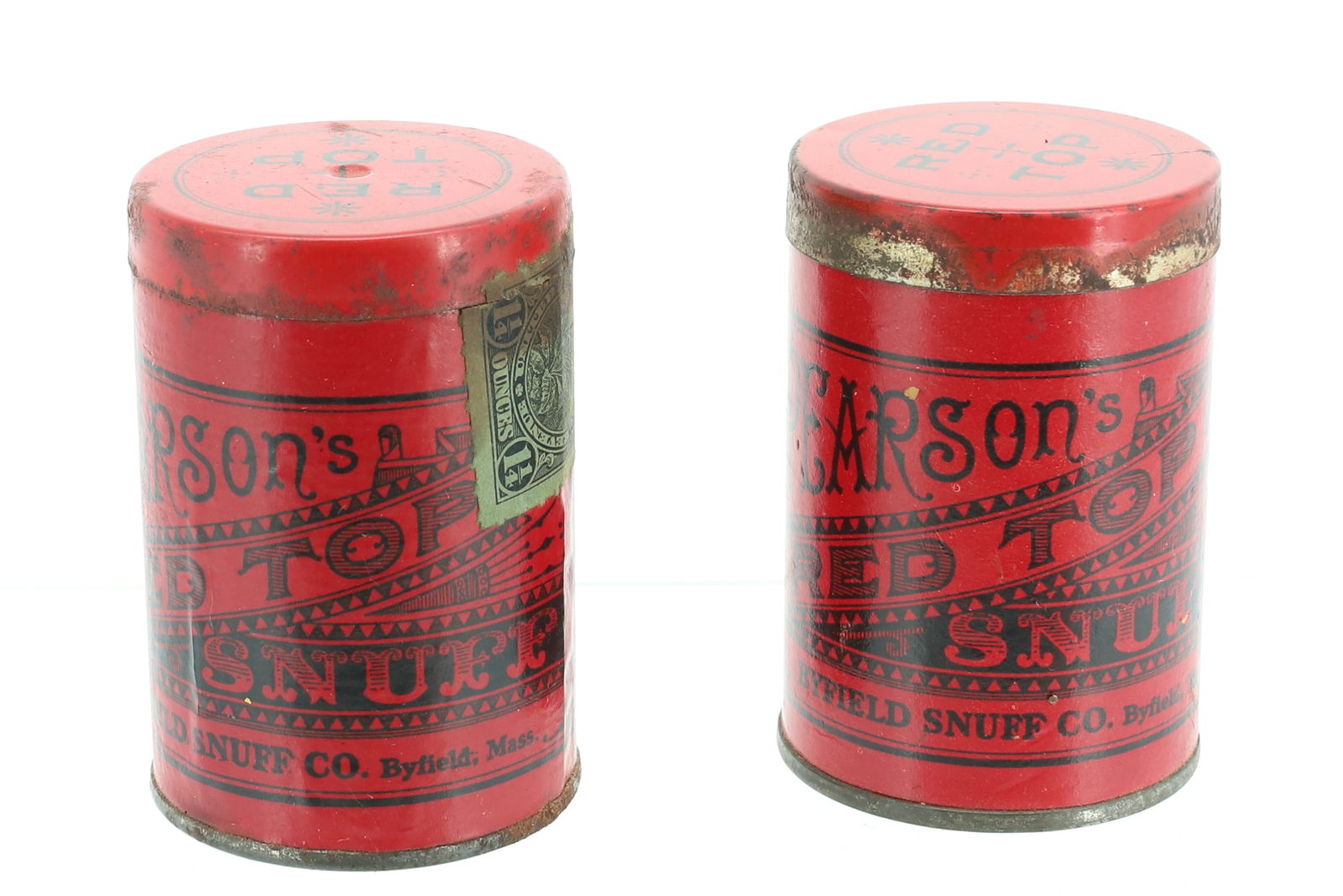 (2) RED TOP SNUFF TINS: PAPER LITHO LABELS ON TIN. "PEARSON'S RED TOP SNUFF, BYFIELD, MASS" 2 5/8" H. PLEASE READ CAREFULLY - Terms for Purchasing and Shipping of Auction Items. Please read carefully before bidding. Hartzell