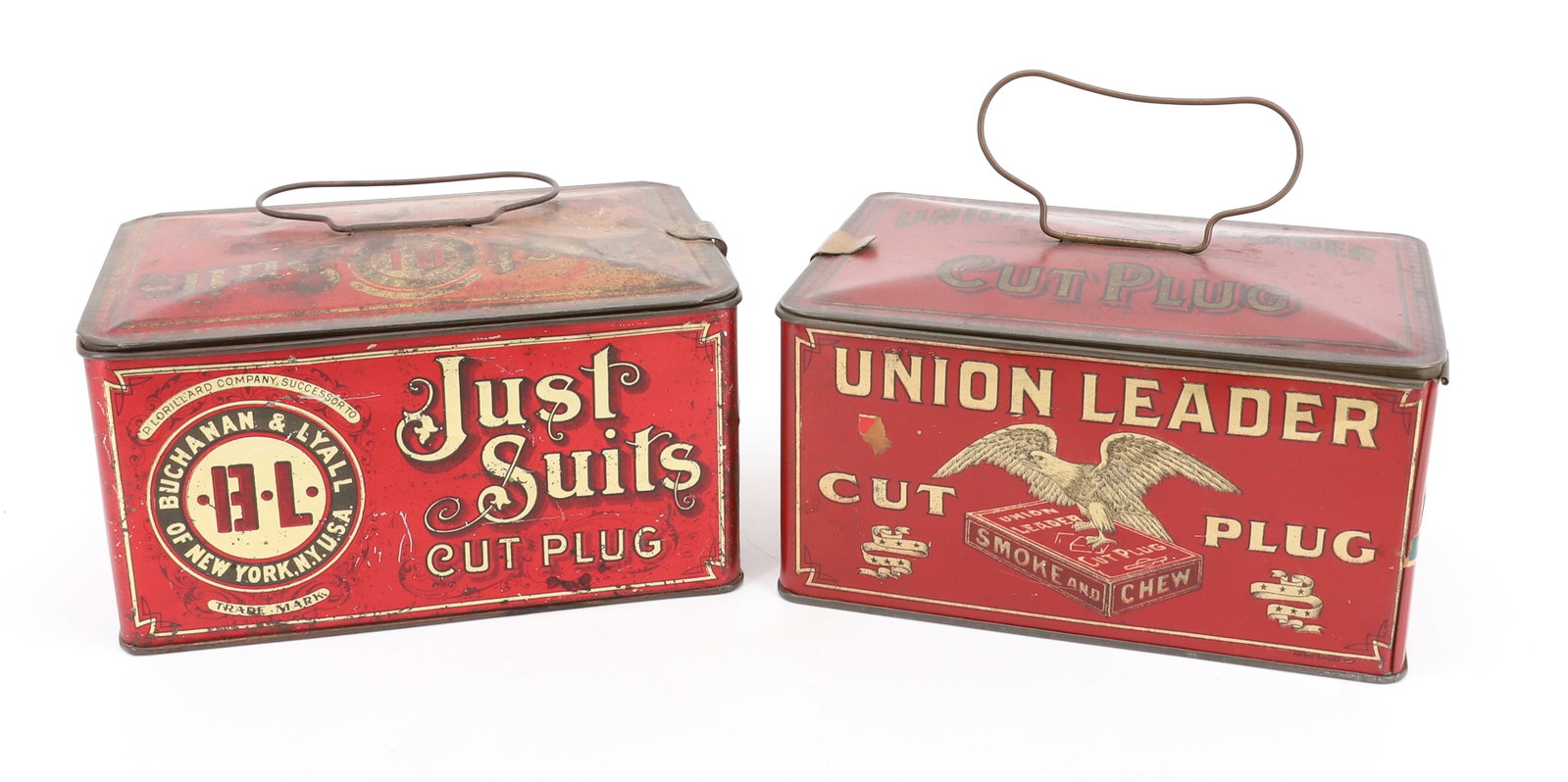 UNION LEADER AND JUST SUITS TOBACCO TINS: UNION LEADER CUT PLUG AND "JUST SUITS CUT PLUG, BUCHANAN & LYALL OF NEW YORK". BOTH HAVE TOP LATCH AND WIRE HANDLE. 4" X 7 3/4" X 5 1/4". PLEASE READ CAREFULLY - Terms for Purchasing and Shipping of A