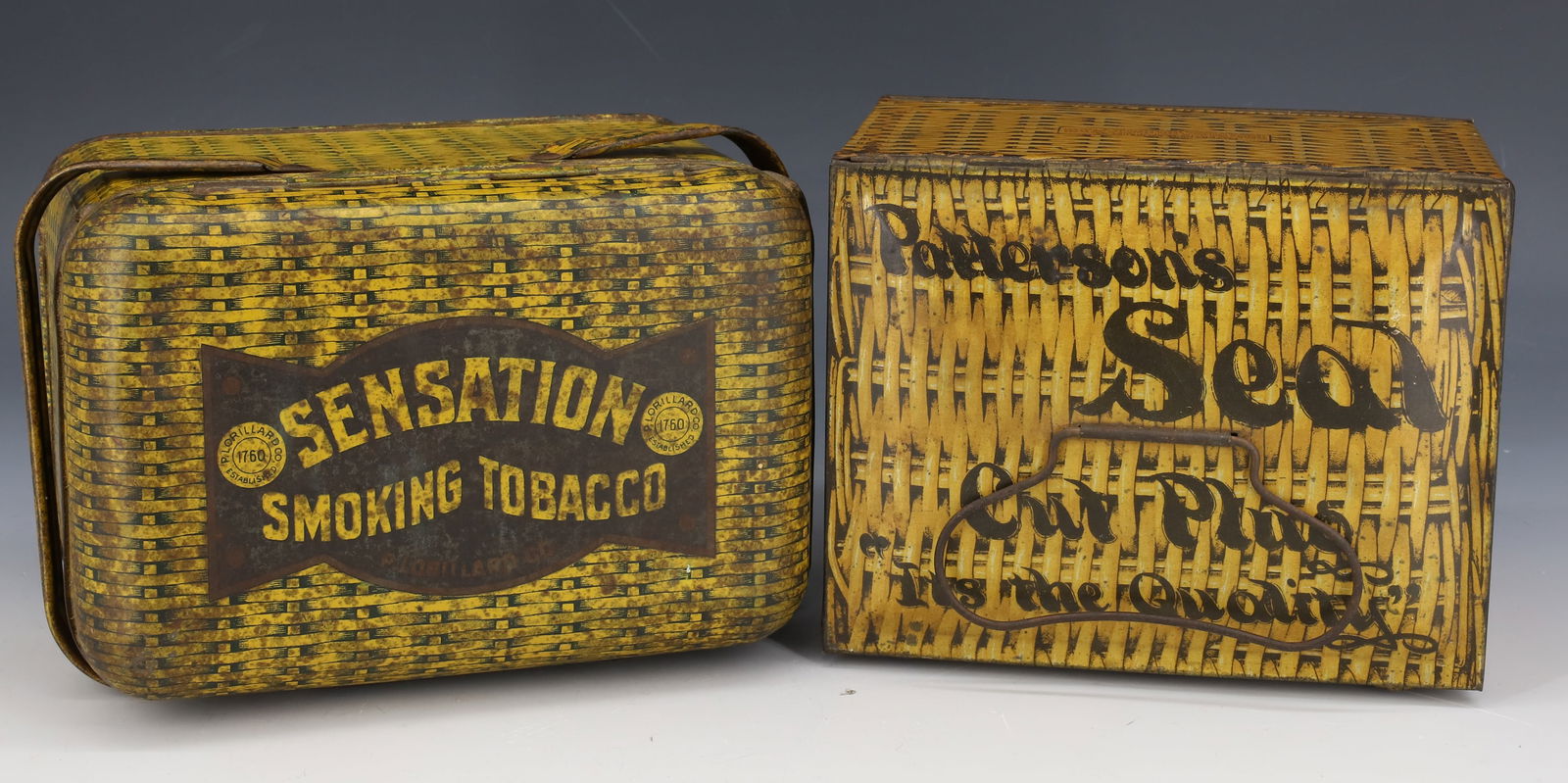 PATTERSON AND "SENSATION" TOBACCO TINS: TIN LITHO "PATTERSON'S SEAL CUT PLUG, IT'S THE QUALITY...RICHMOND, VA" HINGED LID WITH FRONT LATCH AND WIRE HANDLE. 4 1/4" X 6 1/2" X 5". WITH, "SENSATION SMOKING TOBACCO" WITH HINGED LID AND TWO DROP