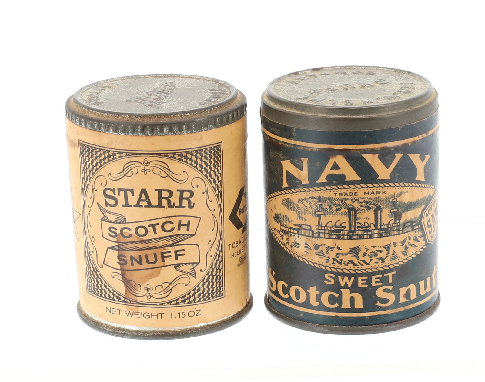 (2) SMALL SNUFF TINS: PAPER LITHO LABELS ON TIN. SAMPLE SIZE "NAVY SWEET SCOTCH SNUFF" 2 3/8" H. WITH "STARR SCOTCH SNUFF (HELMETTA, NJ)" 2 1/4" H. PLEASE READ CAREFULLY - Terms for Purchasing and Shipping of Auction Items