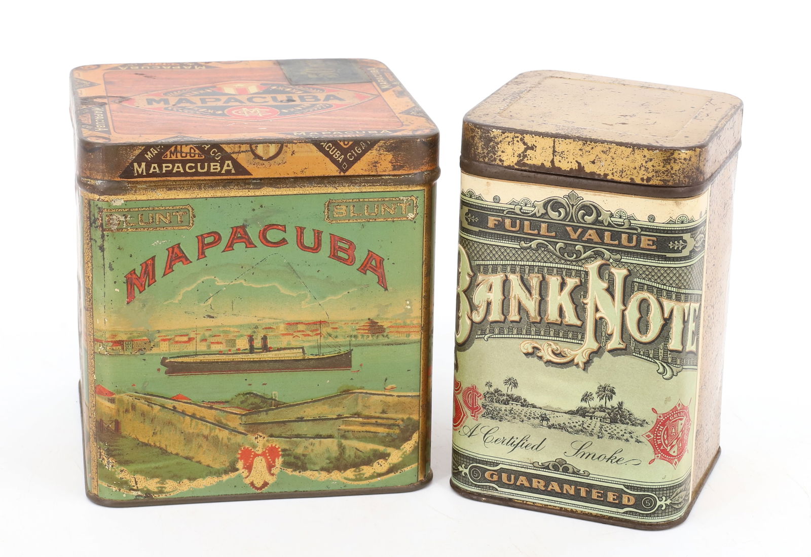 (2) ANTIQUE TOBACCO TINS: BANK NOTE PAPER LITHO LABEL ON TIN 5 1/4" X 3 3/8" X 3 3/8". WITH, "MAPACUBA BLUNT" TIN LITHO 5 1/8" X 4 3/4" X 4 3/4". PLEASE READ CAREFULLY - Terms for Purchasing and Shipping of Auction Items. Plea