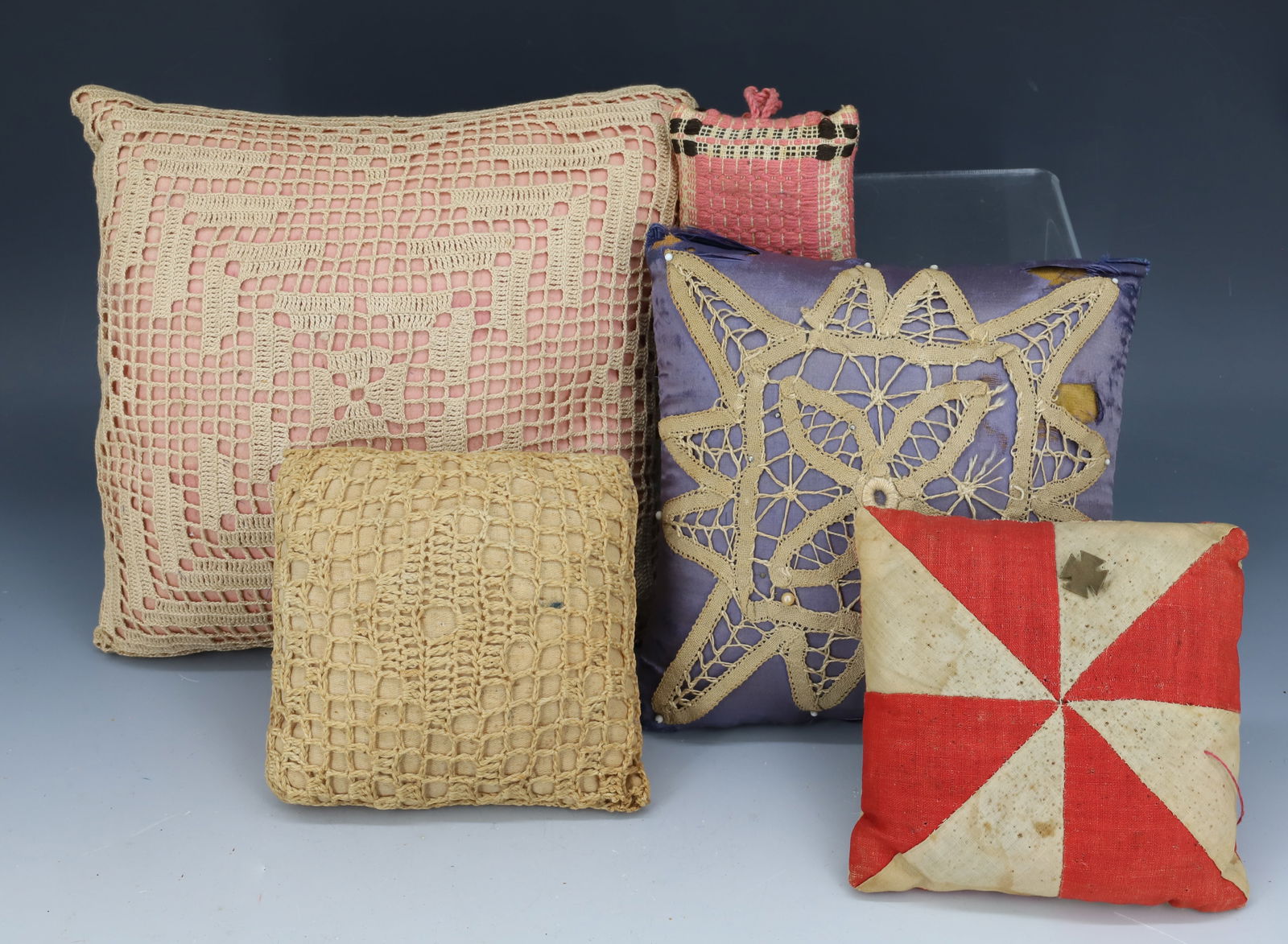(5) ANTIQUE PIN CUSHIONS: VARIOUS PILLOW-SIZED CUSHIONS. 2 1/2" X 2 1/2" TO 8 1/4" X 8 1/4". PLEASE READ CAREFULLY - Terms for Purchasing and Shipping of Auction Items. Please read carefully before bidding. Hartzell’s Au