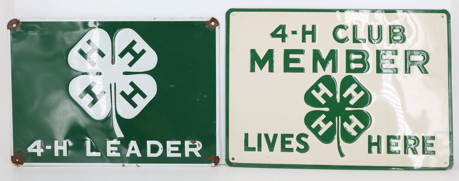 (2) 4-H METAL SIGNS, MEMBER / LEADER: PAINTED AND EMBOSSED METAL. 10" X 14" AND 9 3/8" X 13 1/4". PLEASE READ CAREFULLY - Terms for Purchasing and Shipping of Auction Items. Please read carefully before bidding. Hartzell’s Auction G