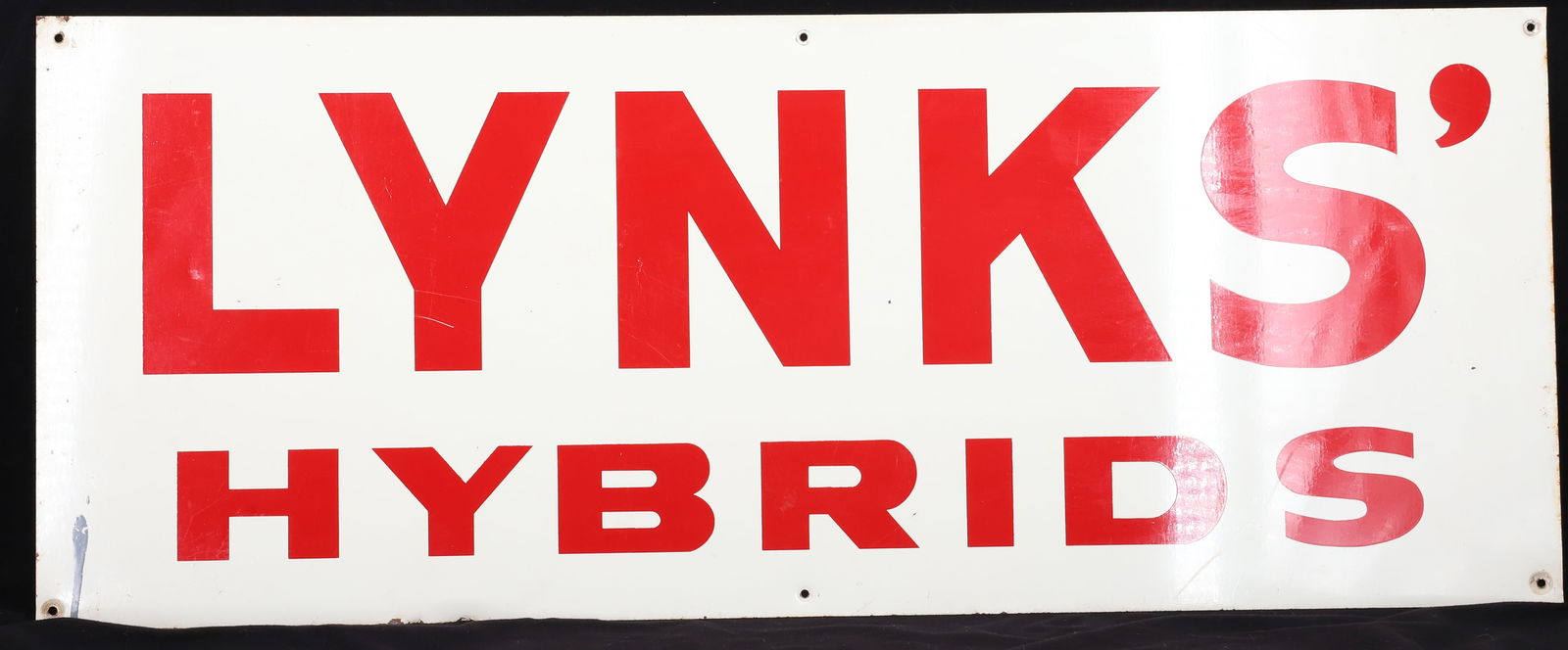 TIN "LYNKS" ADVERTISING SIGN: PAINTED METAL "LYNKS' HYBRIDS" 12" X 30". PLEASE READ CAREFULLY - Terms for Purchasing and Shipping of Auction Items. Please read carefully before bidding. Hartzell’s Auction Gallery. Hartzell's