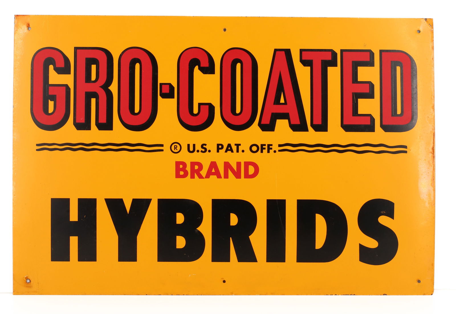TIN "GRO-COATED" ADVERTISING SIGN: PAINTED METAL "GRO-COATED BRAND HYBRIDS" 12" X 18". PLEASE READ CAREFULLY - Terms for Purchasing and Shipping of Auction Items. Please read carefully before bidding. Hartzell’s Auction Gallery.