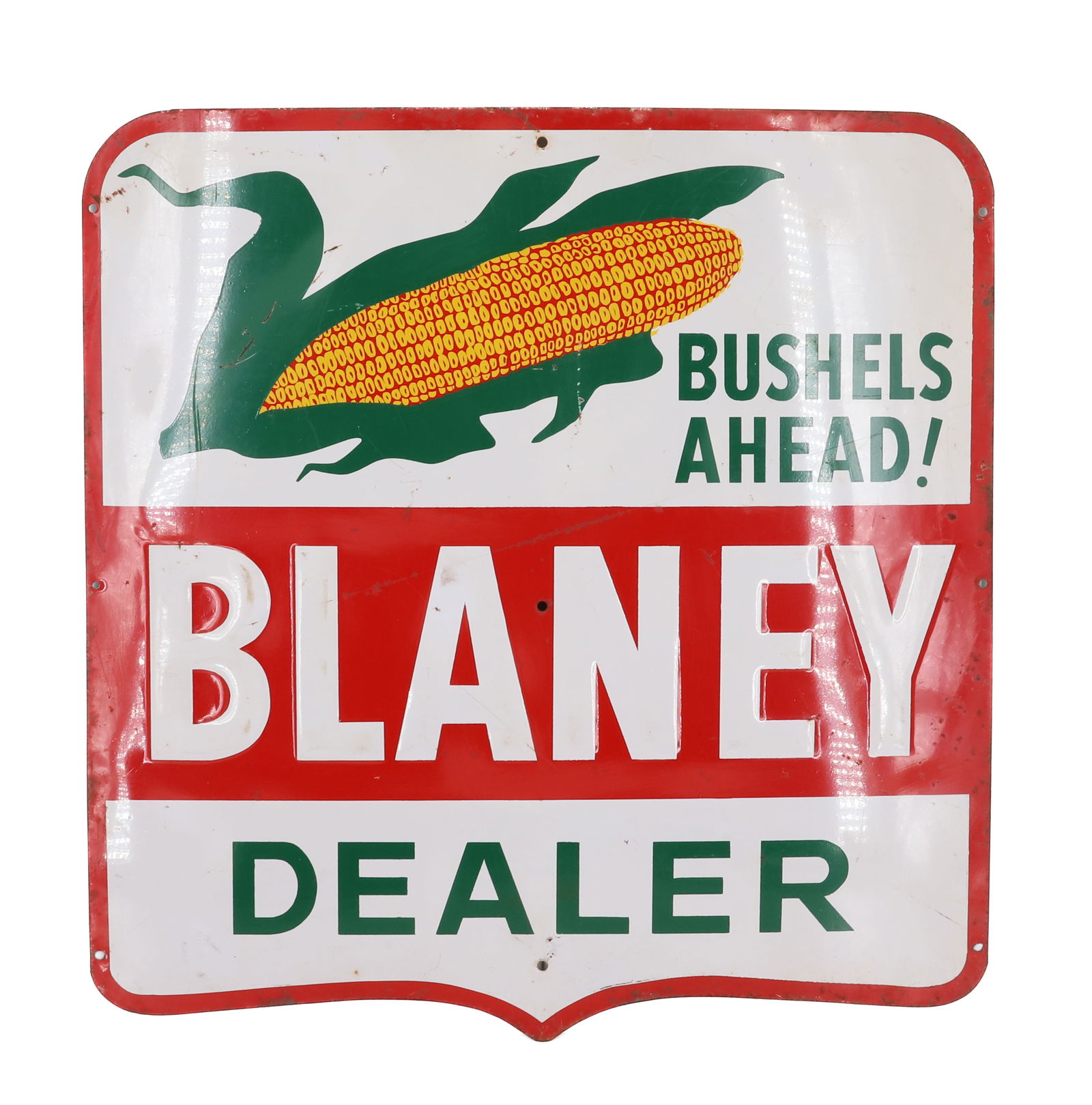 TIN "BLANEY DEALER" ADVERTISING SIGN: PAINTED AND EMBOSSED METAL. "BUSHELS AHEAD! BLANEY DEALER" 20 1/2" X 20". PLEASE READ CAREFULLY - Terms for Purchasing and Shipping of Auction Items. Please read carefully before bidding. HartzellR