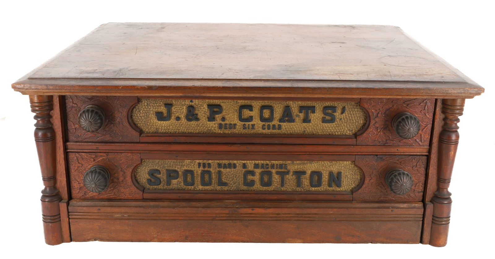 J. & P. COATS SPOOL CABINET: TWO-DRAWERS WITH RAISED LETTERS "J. & P. COATS' SPOOL COTTON, BEST SIX CORD FOR HAND & MACHINE" PRESSED BRASS PULLS. 9" X 21 1/2" X 17". PLEASE READ CAREFULLY - Terms for Purchasing and Shipping of Au