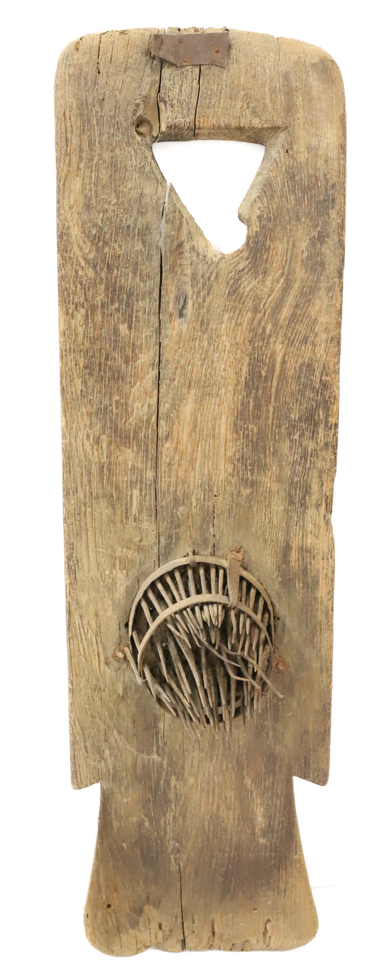 PRIMITIVE FLAX HATCHEL / WOOL COMB: WOODEN BACKBOARD WITH IRON PRONGS AND BANDING. 35 1/2" X 10". PLEASE READ CAREFULLY - Terms for Purchasing and Shipping of Auction Items. Please read carefully before bidding. Hartzell’s Auction