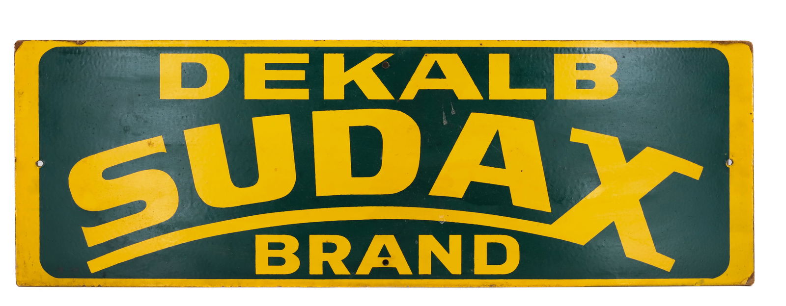 DEKALB SUDAX ADVERTISING SIGN: PRINTED ON MASONITE. "DEKALB SUDAX BRAND". 10" X 30". PLEASE READ CAREFULLY - Terms for Purchasing and Shipping of Auction Items. Please read carefully before bidding. Hartzell’s Auction Gallery