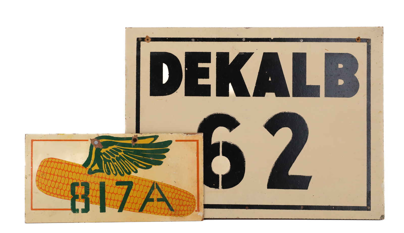 (2) "DEKALB" ADVERTISING SIGNS: PRINTED ON MASONITE. SMALLER 5 1/2" X 11" AND LARGER 12" X 16". PLEASE READ CAREFULLY - Terms for Purchasing and Shipping of Auction Items. Please read carefully before bidding. Hartzell’s Aucti