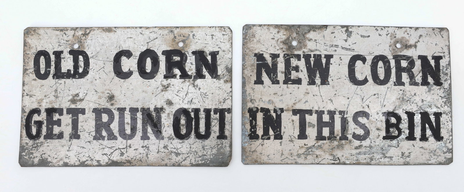 (2) HOMEMADE CORN SIGNS: PAINTED METAL "NEW CORN IN THIS BIN" AND "OLD CORN GET RUN OUT". 4" X 6". PLEASE READ CAREFULLY - Terms for Purchasing and Shipping of Auction Items. Please read carefully before bidding. HartzellR