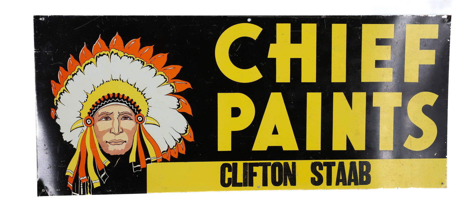 DOUBLE-SIDED TIN "CHIEF PAINTS" SIGN: PAINTED METAL " CLIFTON STAAB". 12" X 28". PLEASE READ CAREFULLY - Terms for Purchasing and Shipping of Auction Items. Please read carefully before bidding. Hartzell’s Auction Gallery. Hartzell'