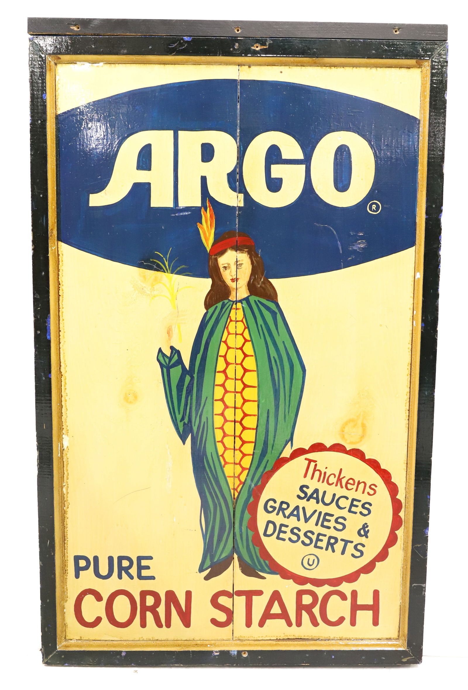 HAND PAINTED "ARGO" CORN STARCH SIGN: PAINTED AND FRAMED IN WOOD "PURE CORN STARCH, THICKENS SAUCES, GRAVIES & DESSERTS" 36" X 22 1/4". PLEASE READ CAREFULLY - Terms for Purchasing and Shipping of Auction Items. Please read carefully befo
